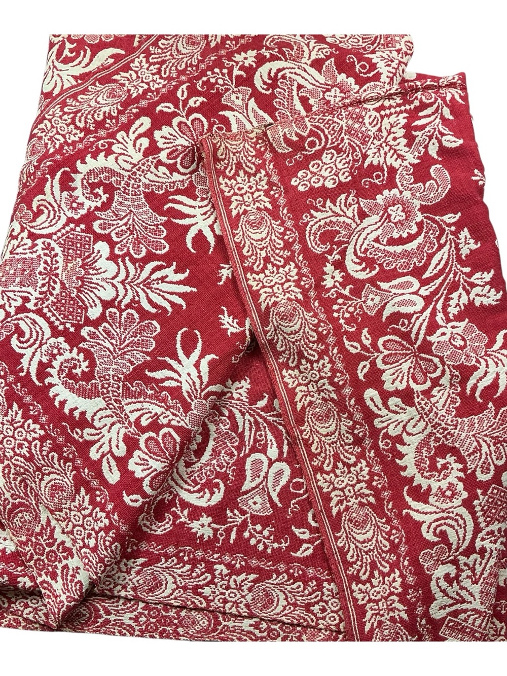 Antique Mid 19th Century 1843 Jacquard Coverlet/Throw Floral Red Cream 77x88
